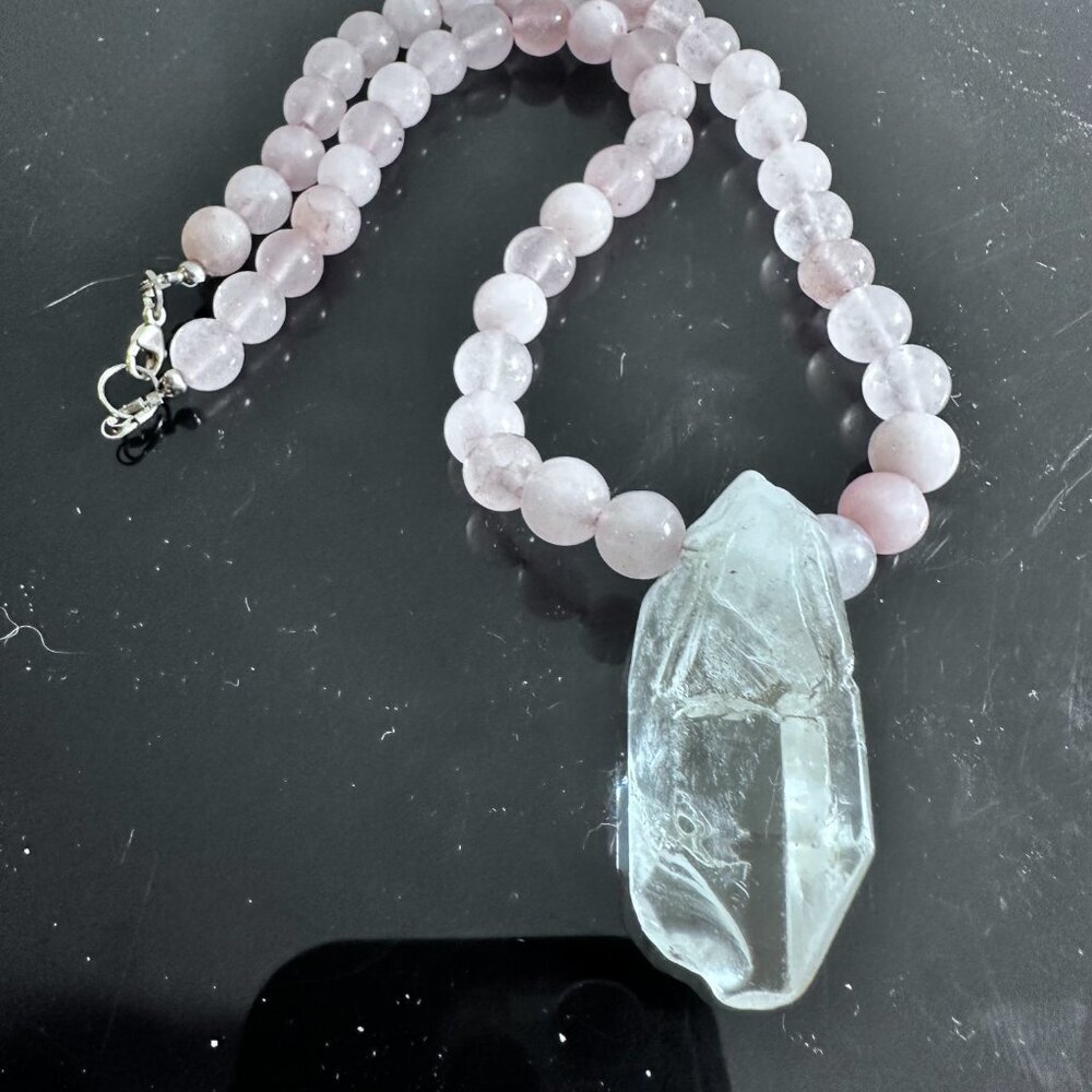 Clear Crystal Quartz Rose Quartz Pendant Necklace Handmade Silver Choker Gift - Picture 7 of 10